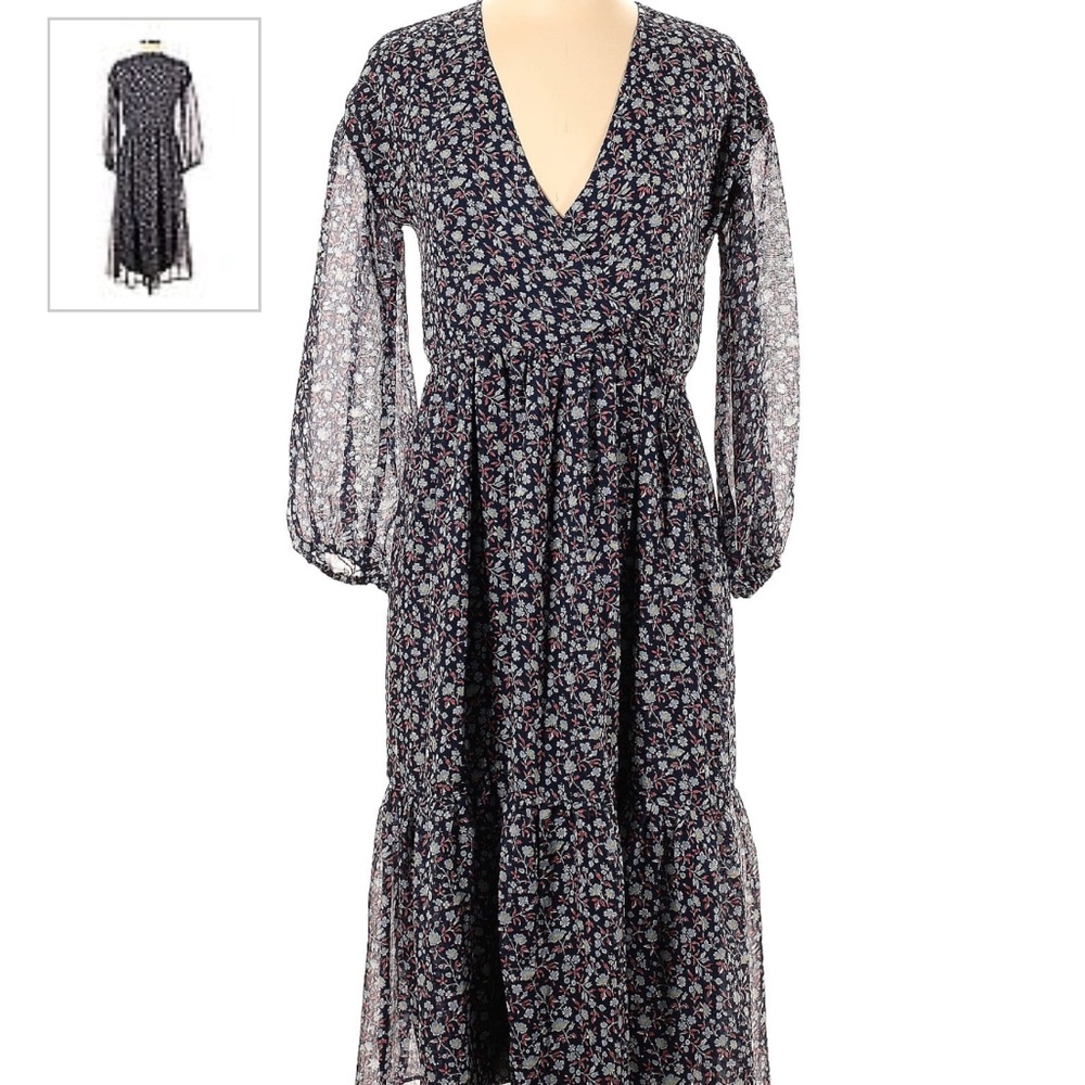Madewell Dress - floral maxi midi navy dress faux wrap waist
